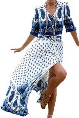 L-Peach Vestido Largo con Floral Bordado Mujer, Azul Bohemia, Talla Ãºnica