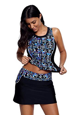 FuYang Mujer Traje de Baño Tallas Grandes de Dos Piezas Tankini Bañador Con La Falda ((EU 40-42)M, negro)