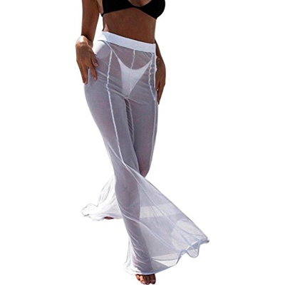 Bikini de Malla de Las Mujeres Sheer Bikini Cover Up, Trajes de baño de Playa Pantalones de Pierna Ancha de Cintura Alta Transparentes