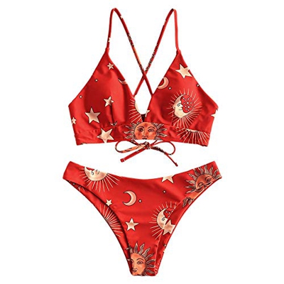 Zaful - Bikini de baño trenzado con estampado, sujetador acolchado sin costuras, braguita con cintura baja X-multi-a M