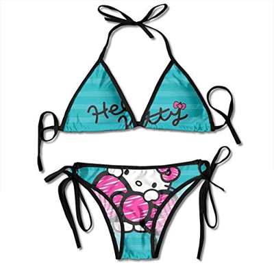 Conjunto de bikini sólido push-up sin acolchado sujetador traje de baño Kawaii Hello Kitty triángulo traje de baño negro