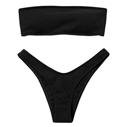 Voqeen Mujeres Sexy Bandeau Traje de baño Cuello Alto sin Tirantes Acanalado Cojín extraíble Conjunto de Bikini de Cintura Baja en oferta