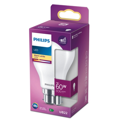 Philips bombilla LED Classic B22 A60 7W 2700K mate