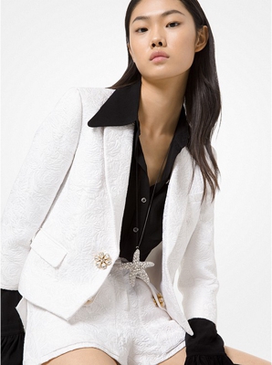 Jeweled-Button Floral Matelassé Jacket