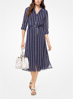 Striped Georgette Belted Shirtdress