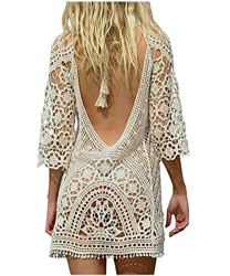 Jinsha Mujer Vestido de Playa Sexy Bikini Cover Up Crochet Borlas Pareos Trajes de Baño Camisola de Playa (Beige) en oferta
