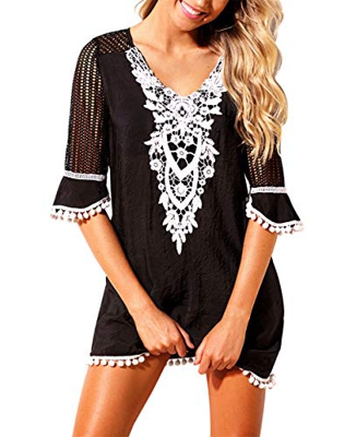 EDOTON Camisolas y Pareos para Mujer, Blusa Vestido Crochet Pom Pom Ajuste Playa Túnica Traje de Baño (XL, Negro)
