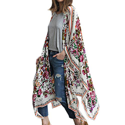 Kimono largo floral o estampado, de gasa, para playa, diseño boho, parte delantera abierta, holgada, blusa verano para mujer blanco A S características
