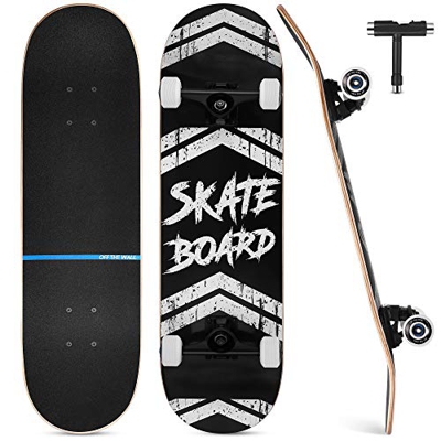 Skateboard Completo, Funxim Tabla de Skateboard 31 x 8 Pulgadas 4 Ruedas 7 Capas Madera de Arce Doble Patada Rueda Completa para Monopatín Skateboard 