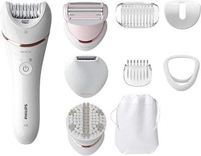 Philips Serie 8000 BRE735/00 Depiladora eléctrica, discos cerámicos, cabezal más ancho, vello en una sola pasada, luz Opti-light, uso en seco y húmedo