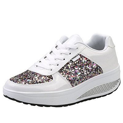 Mujer Zapatillas de Deporte Cuña Zapatos para Caminar Aptitud Plataforma Sneakers con Cordones Calzado de Tacón 4cm Blanco EU 35