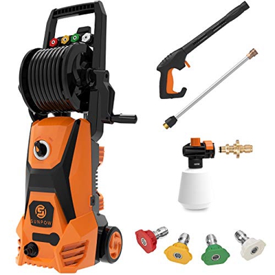 Hidrolimpiadora - SUNPOW Hidrolimpiadora de Alta Presión (169 bar Max, 342L / h, 1800W) 4 tipos de boquillas, Enrollador de Manguera, Manguera, Depósi
