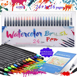 Rotuladores Pincel Acuarelables, KEEHOM Set Rotuladores Lettering 24 Colores de Nylon Flexible y 1 Pluma de Pincel de Agua, con Un Bloc de Dibujo de 2 características
