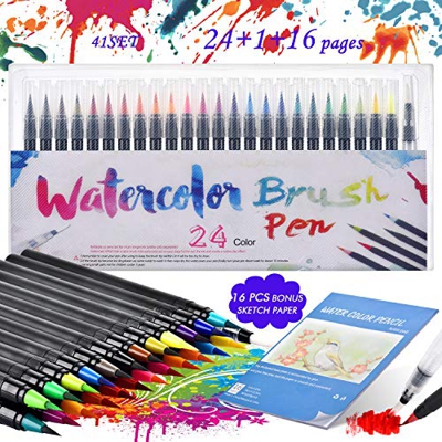 Rotuladores Pincel Acuarelables, KEEHOM Set Rotuladores Lettering 24 Colores de Nylon Flexible y 1 Pluma de Pincel de Agua, con Un Bloc de Dibujo de 2
