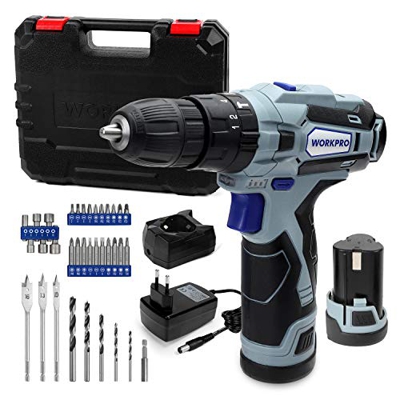 WORKPRO 37PC-Taladro Percutor Inalámbrico 12V, 2000 mAh, Max.20 Nm,18+ 3 Ajuste de torque,2 velocidades, 2 Paquete de Batería,con luz LED,Ideal para p