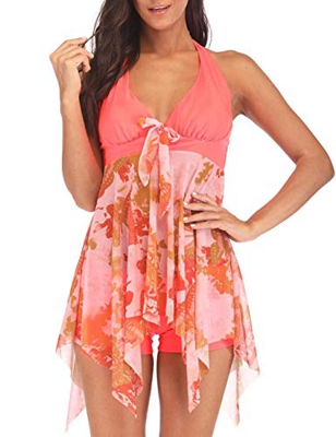 FeelinGirl Mujer Tankini de Dos Piezas Halterneck Dobladillo Asimétrico Estampado Floral Bañador Sexy Elegante Deportivo Talla Grande Flores-Naranja X