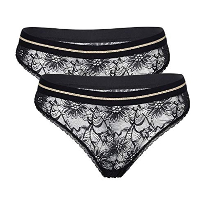 DANISH ENDURANCE Tanga de Encaje para Mujer, Pack de 2 (Negro, S)