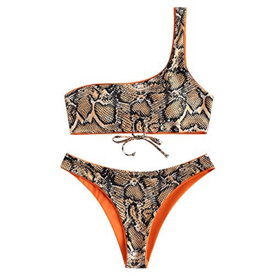 ZAFUL Conjunto de bikini reversible de corte alto para mujer de piel de serpiente con un hombro
