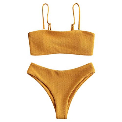 Zaful - Conjunto de bikini con tirantes, acolchado y texturizado para mujer amarillo L