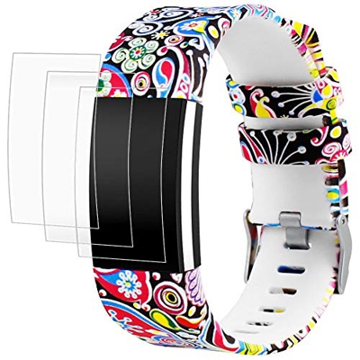 AFUNTA Pulsera de Repuesto para Fitbit Charge 2 con Protectores de Pantalla, Diseño de impresión Banda Correa 6.5"- 9.0", con 3 Anti-Rayas Películas d