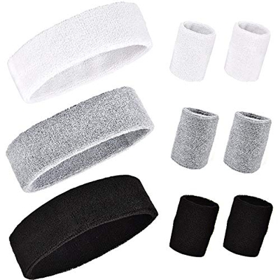 Wilxaw Juego de Muñequeras, 3 Pcs Diadema Deportiva Absorbente de Audor + 6 Pcs Ejercicio Sweatband para Muñeca (Negro + Blanco + Gris)