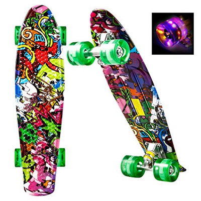 ANCHEER Skateboards Monopatín 56 cm/22 Inch Mini Cruiser - Patineta con 4 LED Luces PU Ruedas Diseño Retro para Niños Adolescentes Jóvenes Principiant
