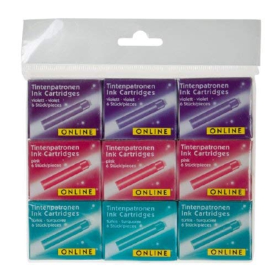 Online 17032 - Cartuchos de tinta para pluma estilográfica, color turquesa, rosa y morado (3 unidades de cada color)