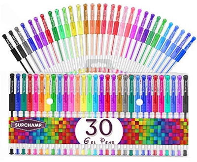 Supchamp Bolígrafos de Gel, 30 Bolígrafos de Gel de Colores para Niños, Incluyendo Metálico, Pastel, Clásico, Brillo, Fluorescente para Colorear Dibuj