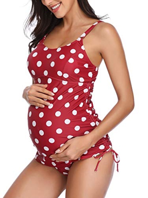 Summer Mae Tankini Halter Embarazo Traje de Baño Dos Piezas de Maternidad para Mujer Rojo con Lunares L