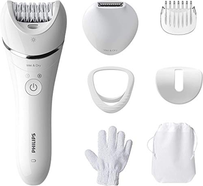 Philips Serie 8000 BRE715/00 Depiladora eléctrica, discos cerámicos, cabezal para atrapar más vello en una sola pasada, luz Opti-light, uso en seco y 