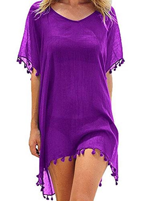 UMIPUBO Mujer Ropa de Baño Suelto Vestido de Playa Borla Verano Camisolas y Pareos Transparente Bikini Cover up (Púrpura)