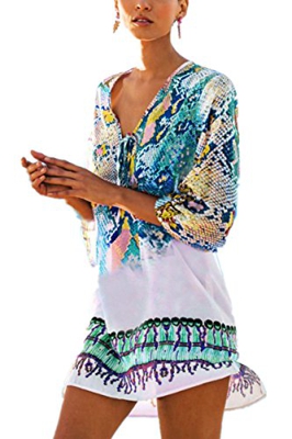 L-Peach Vestido Estampada Pareo Bikini Cover Up Mangas Largas Playa Verano Beach Talla única