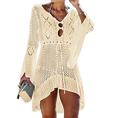 Jinsha Vestido de Playa - Mujer Pareos y Camisola de Playa Sexy Hueco Traje de Baño Punto Bikini Cover up (Beige)