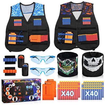 lenbest 2 Kit Chaqueta de Chaleco Táctico para Niños, Chaqueta Táctica Nerf N-Strike Elite Seriespara Niños con 80 Espuma Dardos, Juguete Táctico y Ju