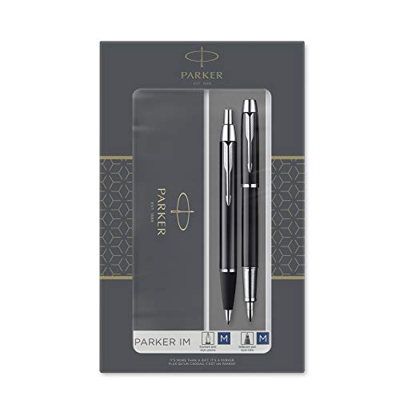 Parker IM set de regalo doble con bolígrafo y pluma estilográfica, acabado negro con adorno cromado, cartucho y recambio de tinta azul, estuche de reg