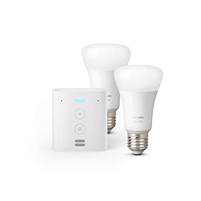Echo Flex + Philips Hue White Pack de 2 bombillas LED inteligentes, compatible con Bluetooth y Zigbee, no se requiere controlador