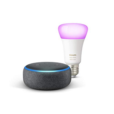 Echo Dot (3.ª generación), tela de color antracita + Bombilla inteligente LED Philips Hue White & Color, compatible con Bluetooth y Zigbee, no se requ