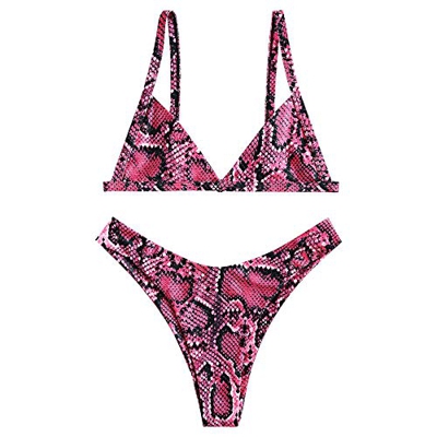 Bikini Zaful con estampado de piel de serpiente. Tiras en los laterales, gran escote en V y talle alto Rosa rosa S