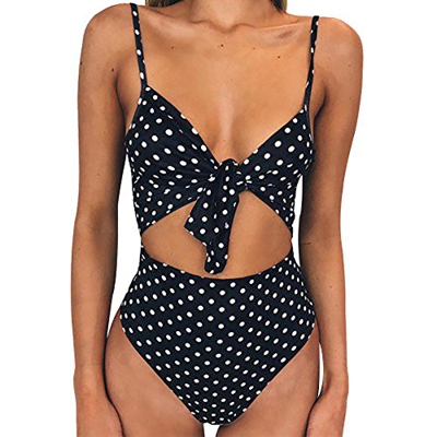 LEEDY - Conjunto de Bikini Sexy, para Mujer, Verano, Playa, Bikini, Set de Vacaciones, bañador, bañador, Top con Lazo de Puntos Negro XL