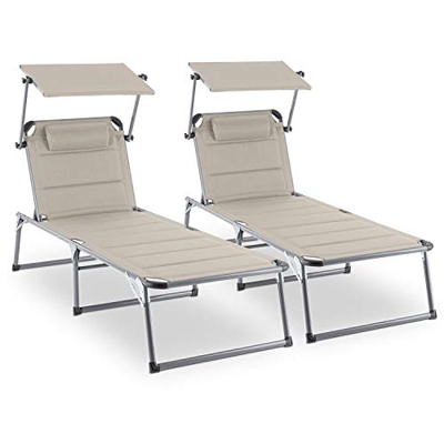 blumfeldt Amalfi Creamy Beige Set Tumbona Plegable con toldo para jardín (Acolchado y cojín para la Cabeza, Respaldo Regulable, Parasol, Juego 2 Comod