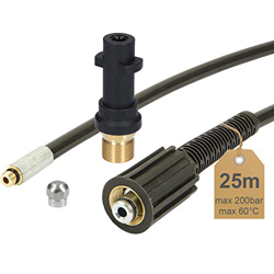 Manguera de limpieza de tuberías, 25 m, 200 bar, 60 °C, incluye adaptador y boquilla rígida para limpiadores de alta presión, etc. características
