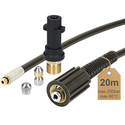 Manguera de limpieza de tuberías, 20 m, 200 bar, 60 °C, incluye adaptador, boquillas rígidas + rotatorias para limpiadores de alta presión, etc. Adecu