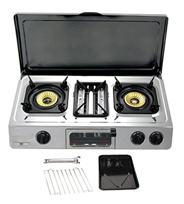 NJ G-87C Estufa de Gas 2 Quemadores Parrilla y Horno Acero Inoxidable Cubierta Barbacoa Exterior 70cm