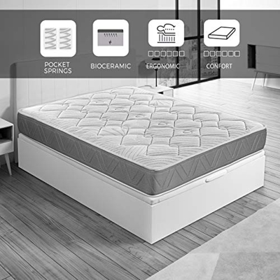 ROYAL SLEEP Colchón de muelles ensacados y viscocarbono con Hilo biocerámico, Confort Alto, firmeza Media-Alta 150x190, Ceramic Pocket