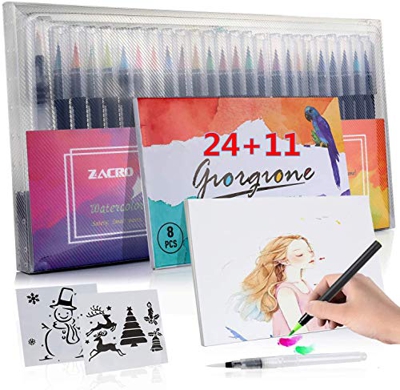 Zacro 24 Colores Rotuladores Pinceles Acuarelables,Pluma de Pinceles,1 Pincel de Agua,2 Plantillas y 8 Pcs Papeles de Dibujar Colorear/Plumilla Nylon/