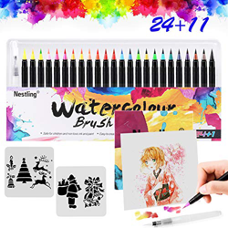 Rotuladores Acuarelables,24 Bolígrafos Para Colorear +1 Agua Pincel +2 Plantillas +8 Pcs Papeles de Dibujar Colorear,Rotuladores Punta Pincel de Nylon características