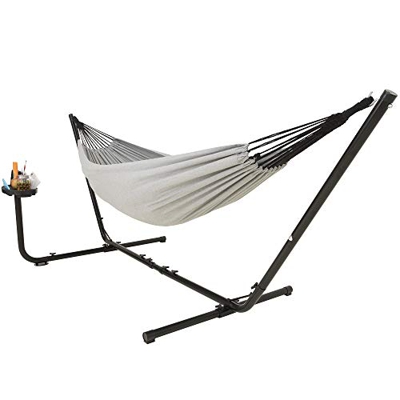 VITA5 Hamaca doble de algodón con estructura exterior, con soporte para vasos y libros, hasta 2 personas/205 kg, 210 x 140, bolsa de transporte, gris