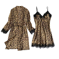 riou Pijama Mujer Sexy Seda Satinada Cárdigan Camisón Albornoz Albornoces para Mujer Ropa Interior Encaje Leopardo Atractivo Babydol Pijamas 2PC en oferta
