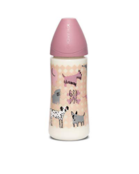 Suavinex - Biberón para bebés +4 meses. con tetina flujo Denso (para papillas) de látex. color Perritos Rosa, 360ml en oferta