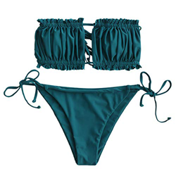ZAFUL - Bikini para mujer sin tirantes acanalados con corte de volantes azul pavo real L precio
